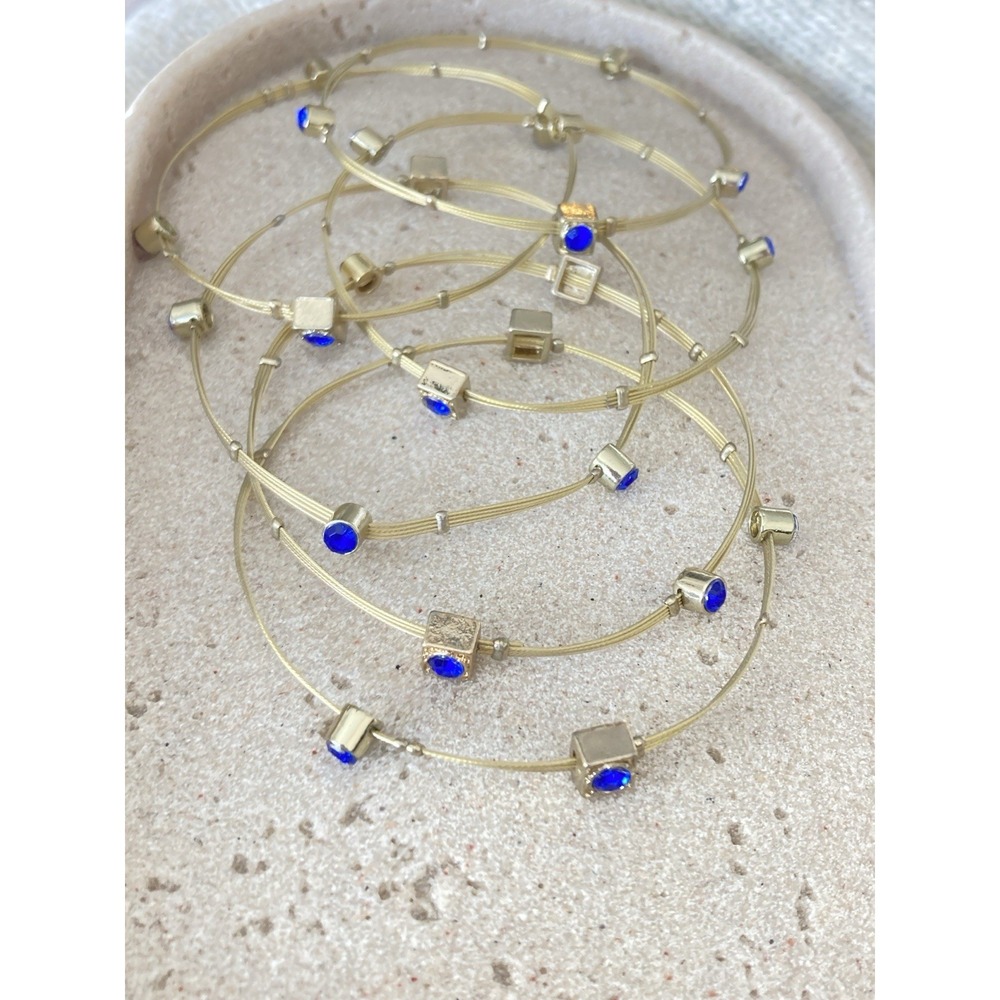 Cobalt Blue Rhinestone Bracelets Set Of 6 In Gold Tone Bezel Stretch Glamour